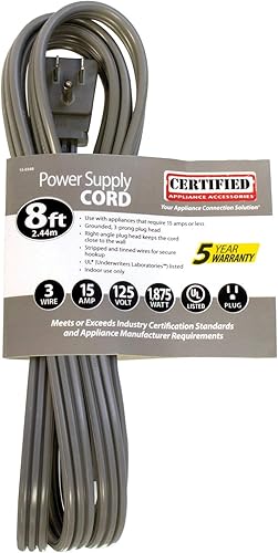 Miniatura 5 de Certified Appliance Accessories 15-0348 Cable de alimentación de cabeza de enchufe de ángulo recto con conexión a tierra de 15 amperios, 8 pies