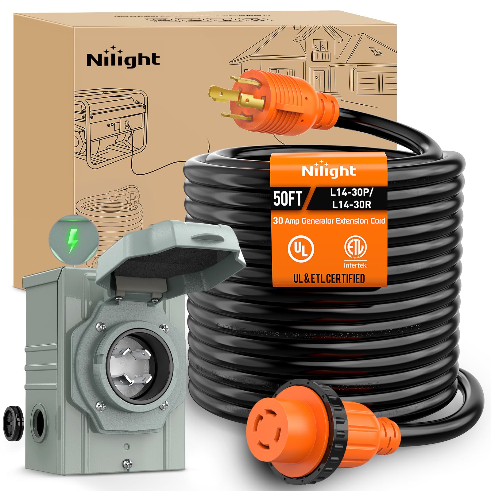 Nilight 30A 50FT Generator Extension Cord Power Inlet Box for RV Camper