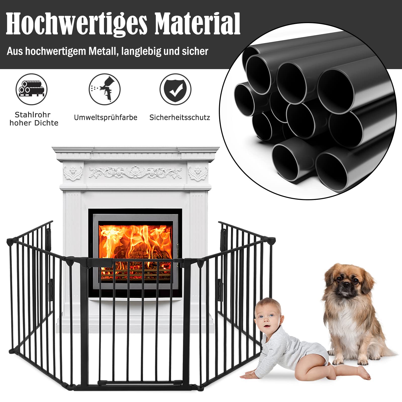 Aufun Chimenea Puerta de Seguridad Metálica con Puerta, 5 Elementos, Puerta de Seguridad Horno, Rejilla de Configuración para Seguridad Infantil, 300 x 75 x 60 cm (Negro)