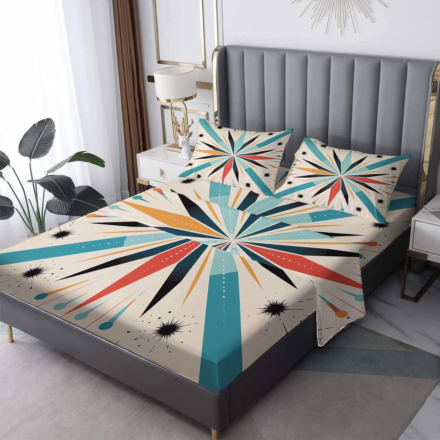 Starburst Bed Sheets Queen Size, Mid Century Modern Sheet Set, Soft Microfiber Deep Pocket Wrinkle Free Fitted Sheet & Flat Sheet & Pillowcase Sets, Retro Abstract Bedding Sheets - 4 Piece