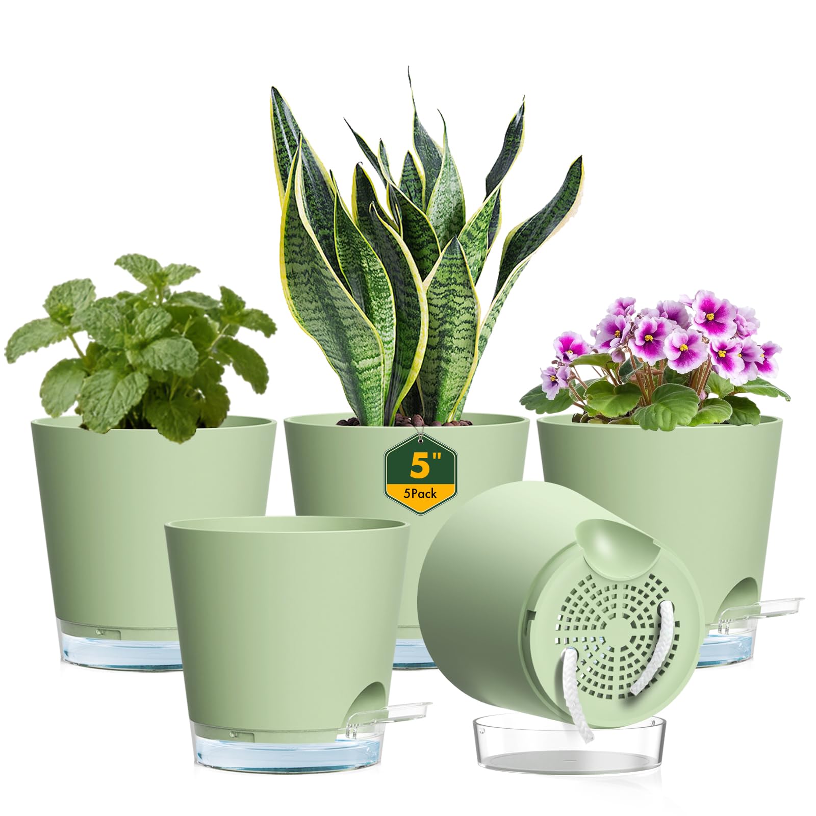 Meowell 5 Inch Self Watering Flower Pots 5 Pack