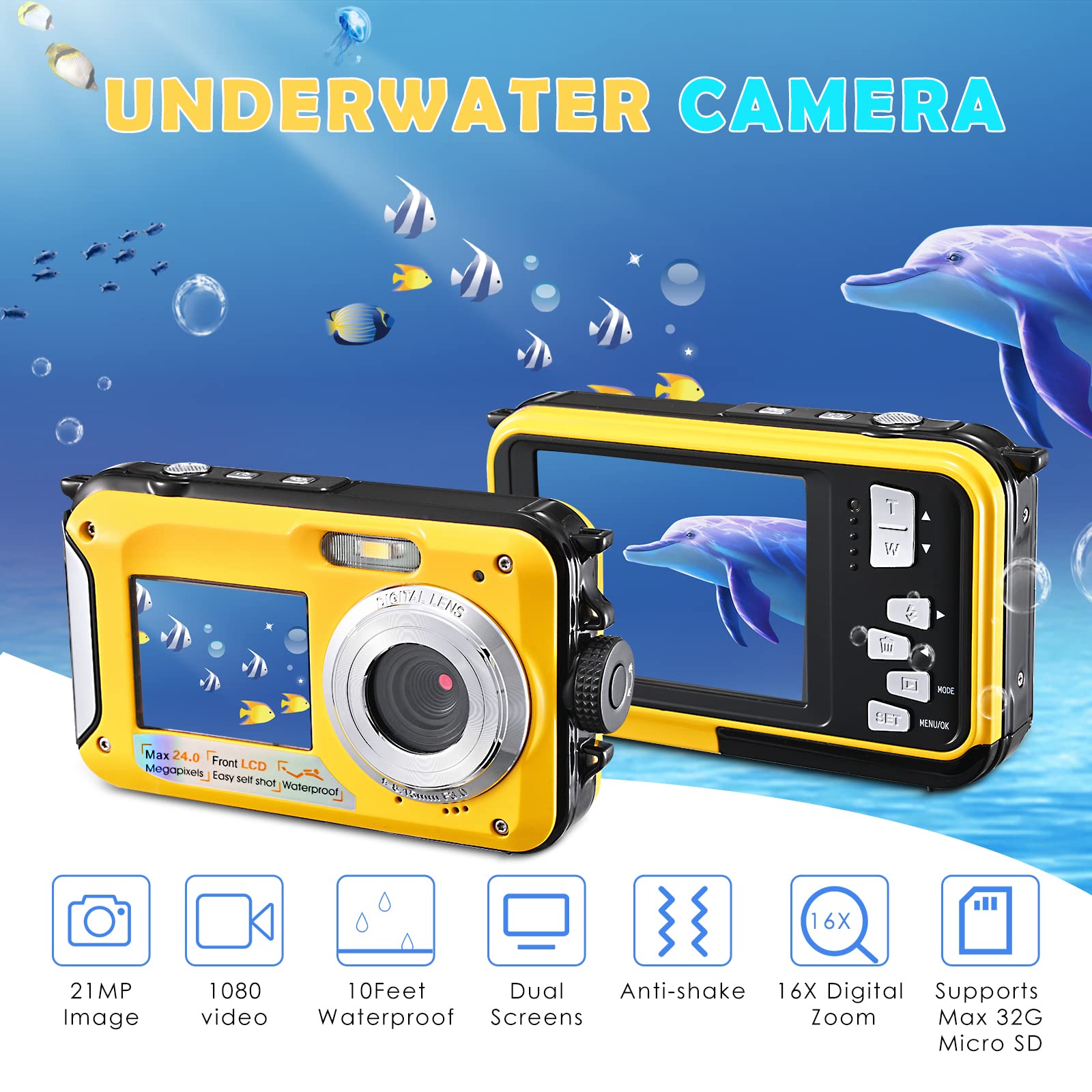 Caméra sous-Marine Full HD 2,7 K 48 MP étanche Appareil Photo numérique avec Microphone LED Lumière de Remplissage Parc Aquatique The Sea pour Enfants, garçons et Filles Cadeau Jaune