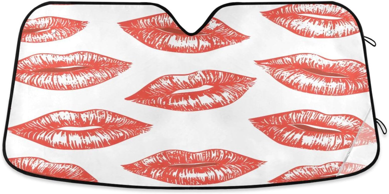 Sexy Red Lips Car Front Windshield Sun Shade,Foldable Sun Visor Protector for Car Blocks UV Rays Keeps Your Vehicle Cool 55x27.6 Inch