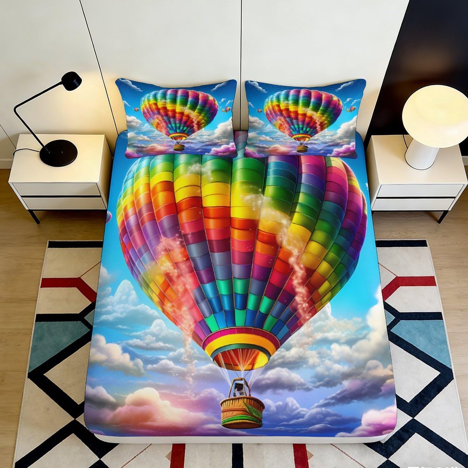 Pnayamiorkfel Style-3 3D Printed Rainbow Hot Air Balloon Fitted Sheet Microfiber Soft Breathable Cloud Bed Cover For Bedroom Dorm Decor 90X200x25cm