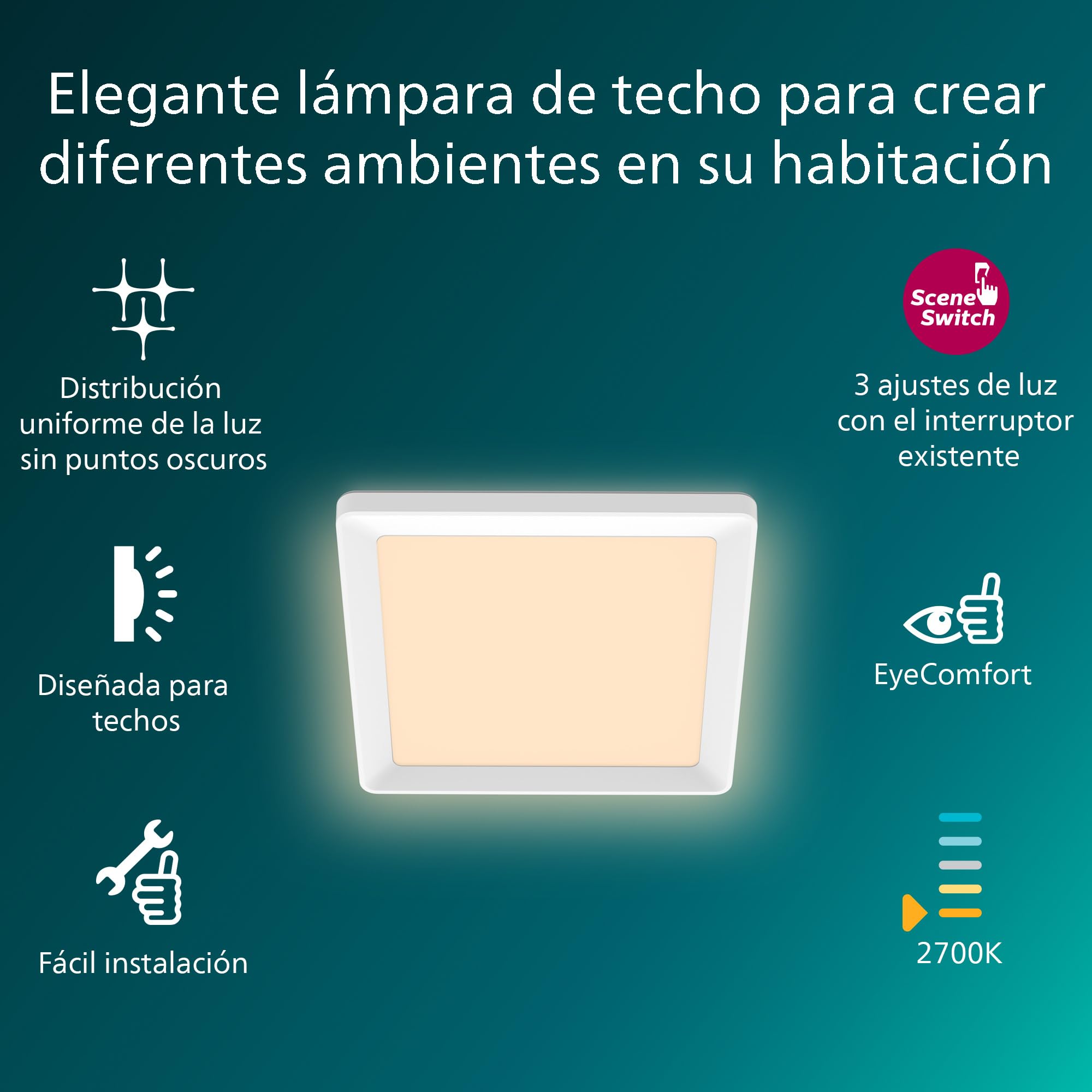 Philips LED SceneSwitch Plafón (12 W), rectangular (30x30cm), con luz blanca cálida, regulable, blanco