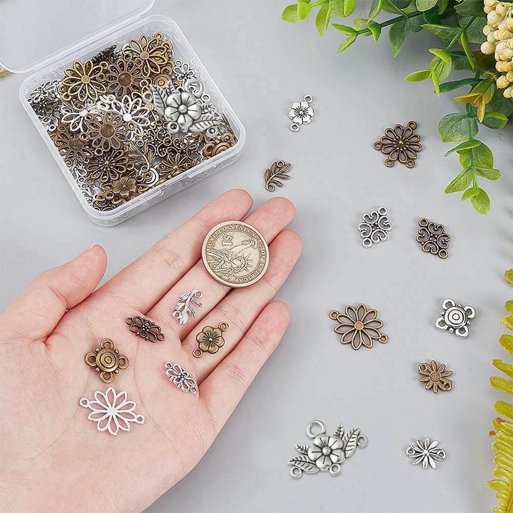 PH PandaHall 80pcs Flower Connector Charms, 8 Style 2 Color Flower Leaf Charms Pendants Double Hole Daisy Beads Connector for Spring Earring Necklace Bracelet Making - Image 6