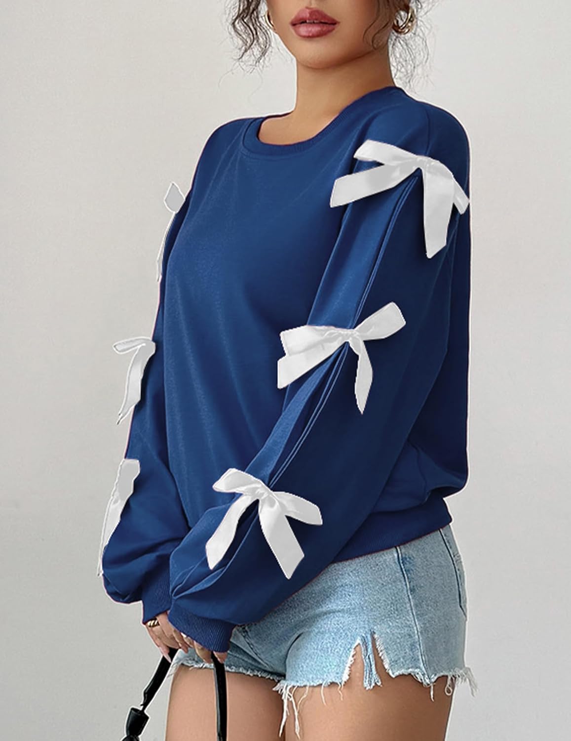 Womens Bow Lightweight Sweatshirt Oversized Crew Neck Comfy Long Sleeve Casual Loose Pullover Top Y2K Clothes - Image 2