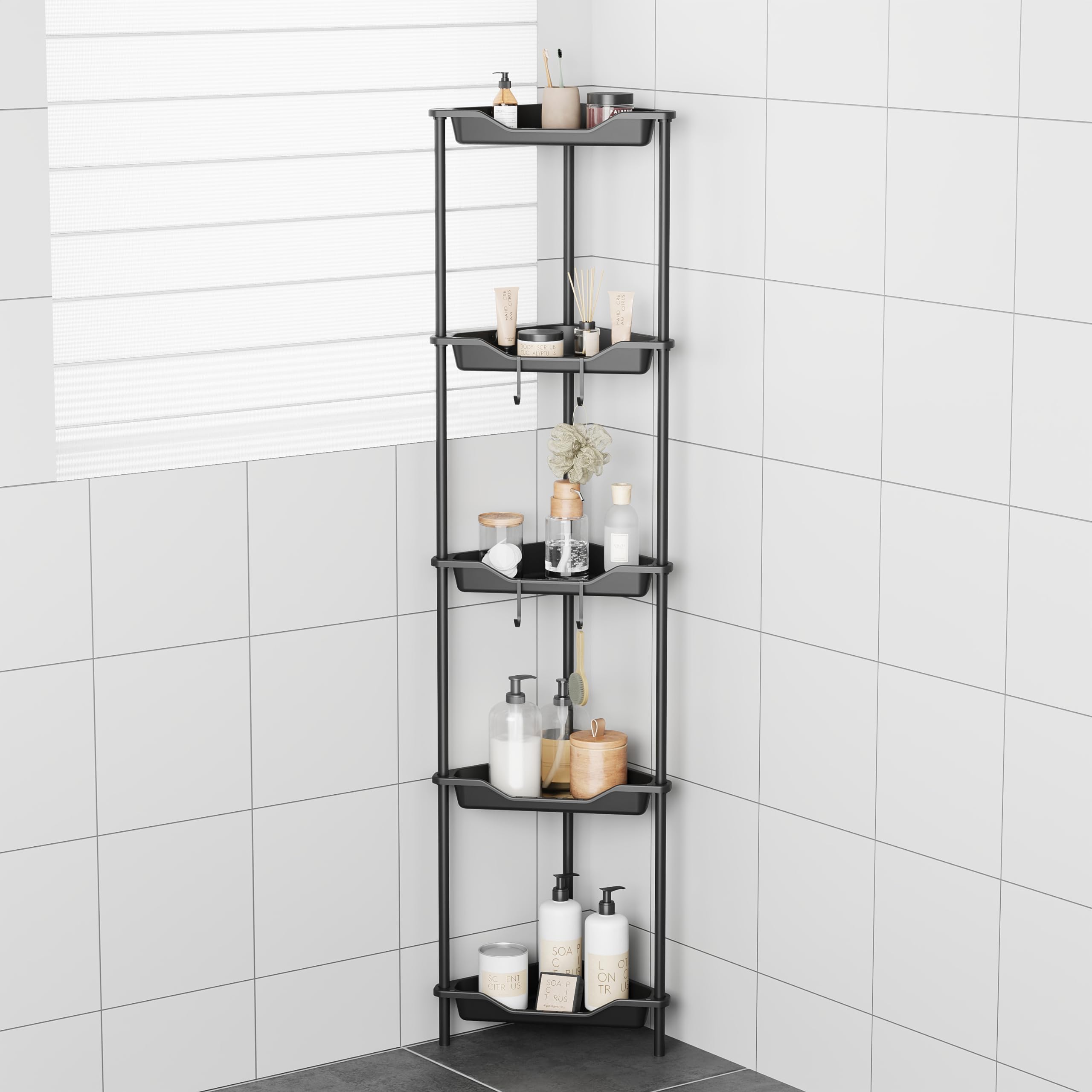 ODesign 5 Tier Floor Standing Corner Shower Caddy Organizer, Plastic Metal Floor Corner Shelf Storage Rack for Bathroom Black- Rustproof