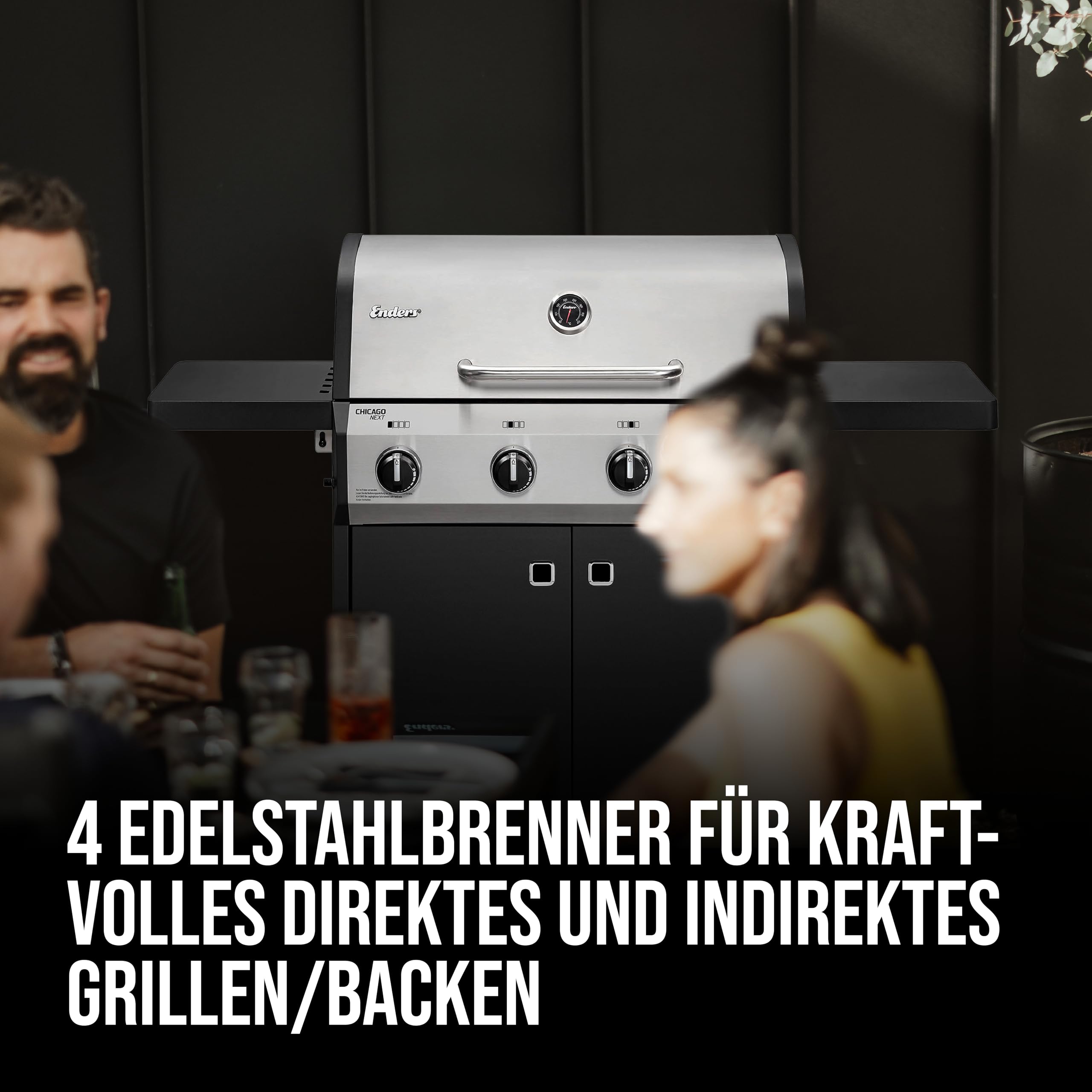 Enders® Gasgrill CHICAGO NEXT 4 R Turbo, 4 Edelstahlbrenner, doppelwandige Garhaube, 2 abklappbare Seitenablagen, integriertes Thermometer - SWITCH GRID™ 13.0 kW, 800 °C TURBO ZONE™, #89366