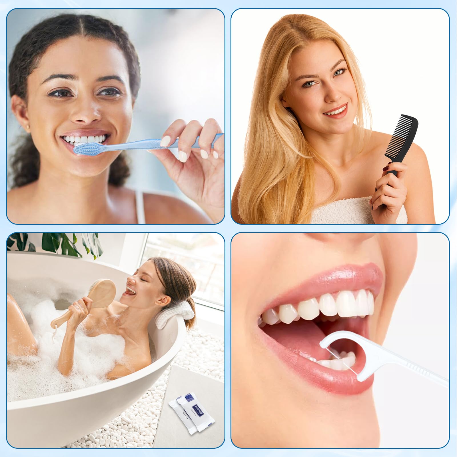 25 set di kit per l'igiene personale, spazzolini da denti usa e getta con dentifricio, filo interdentale, pettine, sapone e copertura, kit da toeletta per senzatetto in blocco