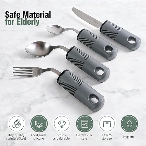 Miniatura 3 de Juego de utensilios adaptativos, 4 piezas con peso con 2 correas elásticas para Parkinson, artritis y temblores de manos, asas antideslizantes para