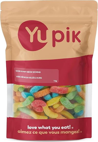 Yupik Sour Gummy Neon Worms, 1 kg, Gluten-Free, Sweet & Sour, Fruity Flavors, Sugary Coating, Chewy Small Gummies, Fun Treat, Sweet Candy, Delicious Snack, Ideal for Gifting, Holidays & Baking