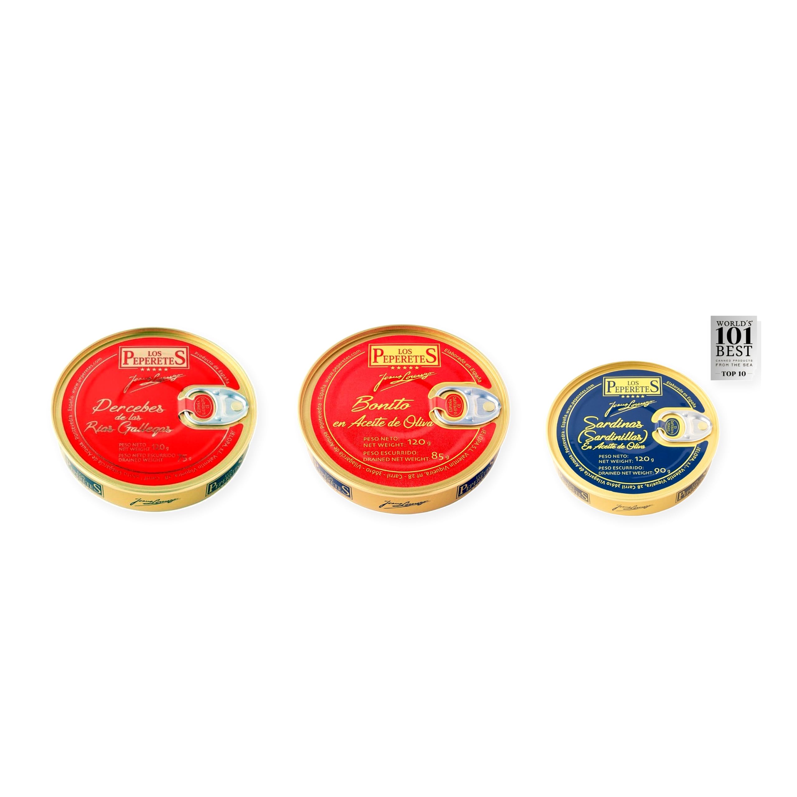 los peperetes conservas Percebes Rías Gallegas, Bonito Aceite Oliva y Sardinillas Aceite Oliva pack 3 latas