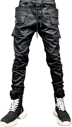 Mens Cargo Techwear Relaxed Fit Coating Pants with Pockets Black Elastic Waist