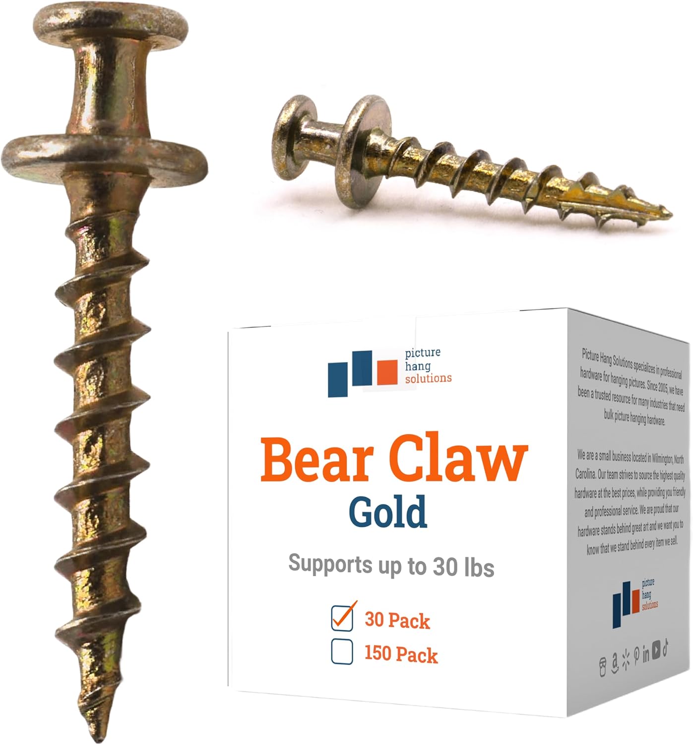 PHS Bear Claw Hanger Screws - 150 Pack Wall Hangers for Pictures - 30 lbs Heavy Duty Picture Hangers for Drywall & Plaster Walls - Gold Picture Hanging Hooks for D-Rings, Sawtooth, Wire and Keyholes