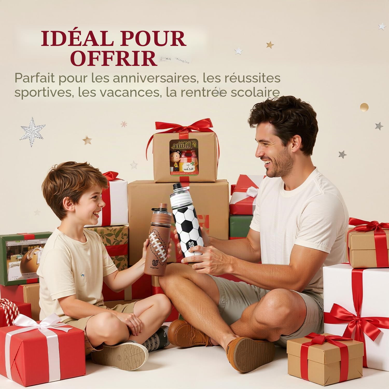 magcheer 600ml Gourde Rugby Enfant | Gourde Brumisateur Inox avec Texture 3D | Rafraîchissement Instantané | Sans BPA | Anti-fuite Bouteille Sport | Cadeau Rugby Enfant