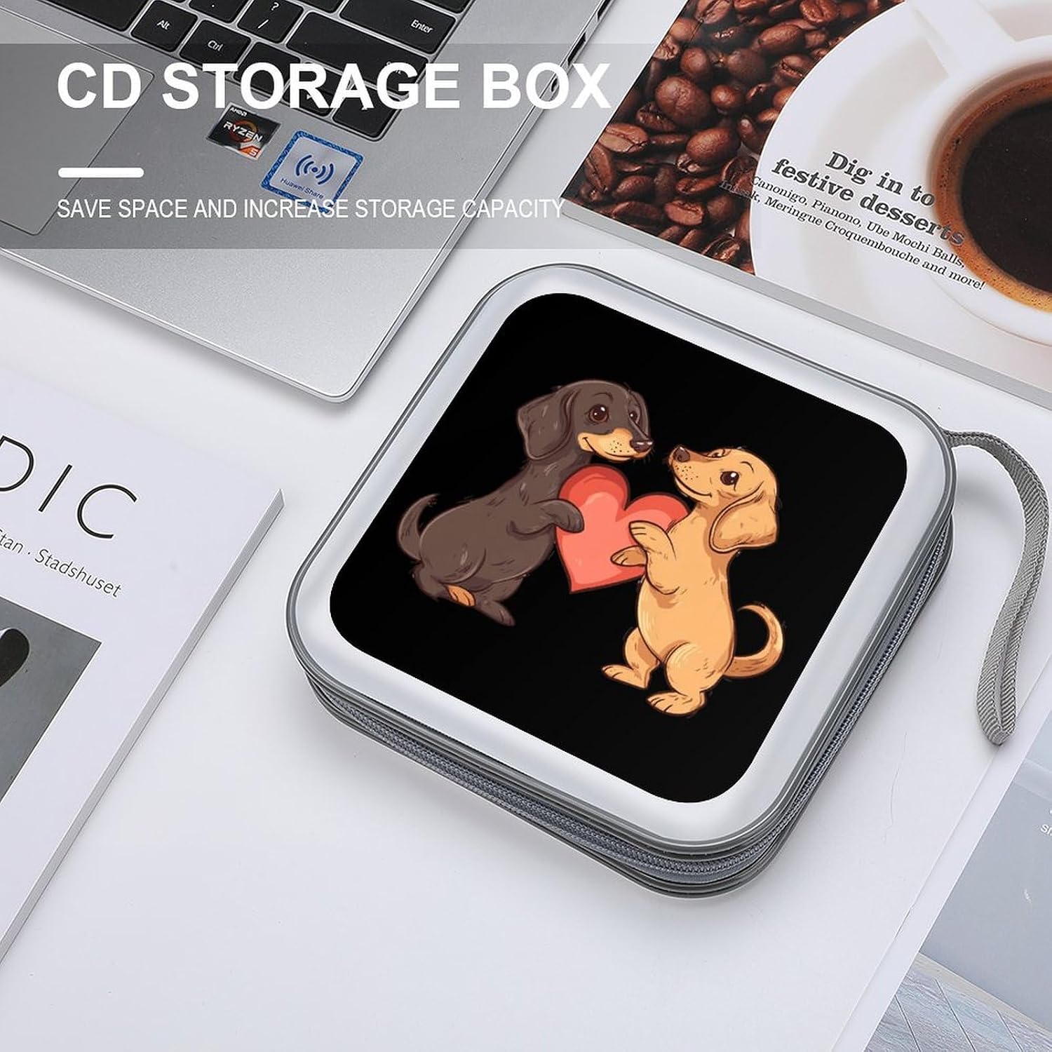 Dachshund Dogs with Love Heart Protective CD Case Storage Rack 40 Capacity DVD Holder Organizer Car Travel