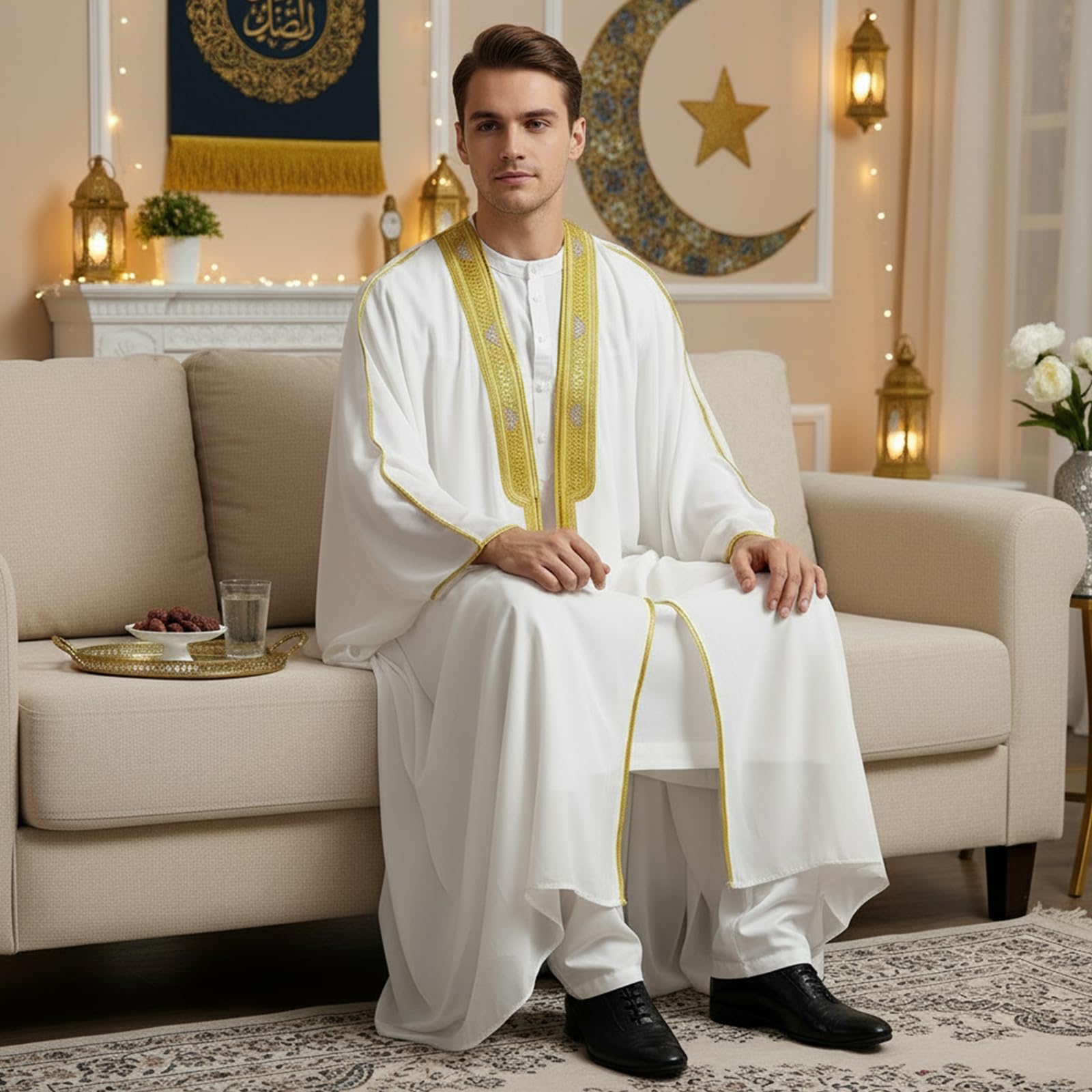 zhxinashu Djellaba Homme Marocaine - Abaya Homme Longues Chemise en Chiffon Imprimée Musulmane, Caftan Homme Rétro Décontracté Taille Large