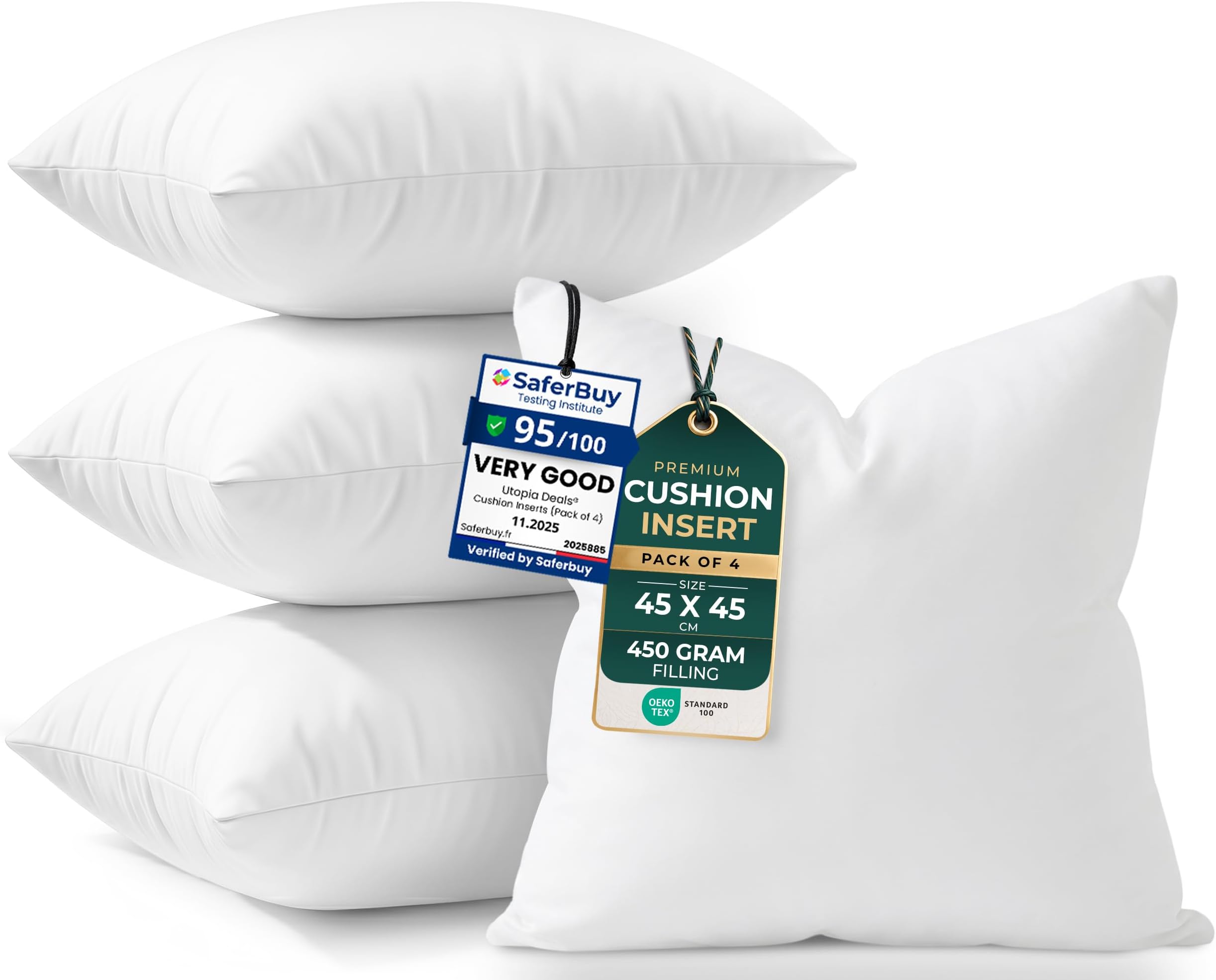 Utopia Bedding Cushion Inserts, Hollowfibre Inner Pads for Sofa or Bed – Cushions Fillers (4, White, 45x45 cm)
