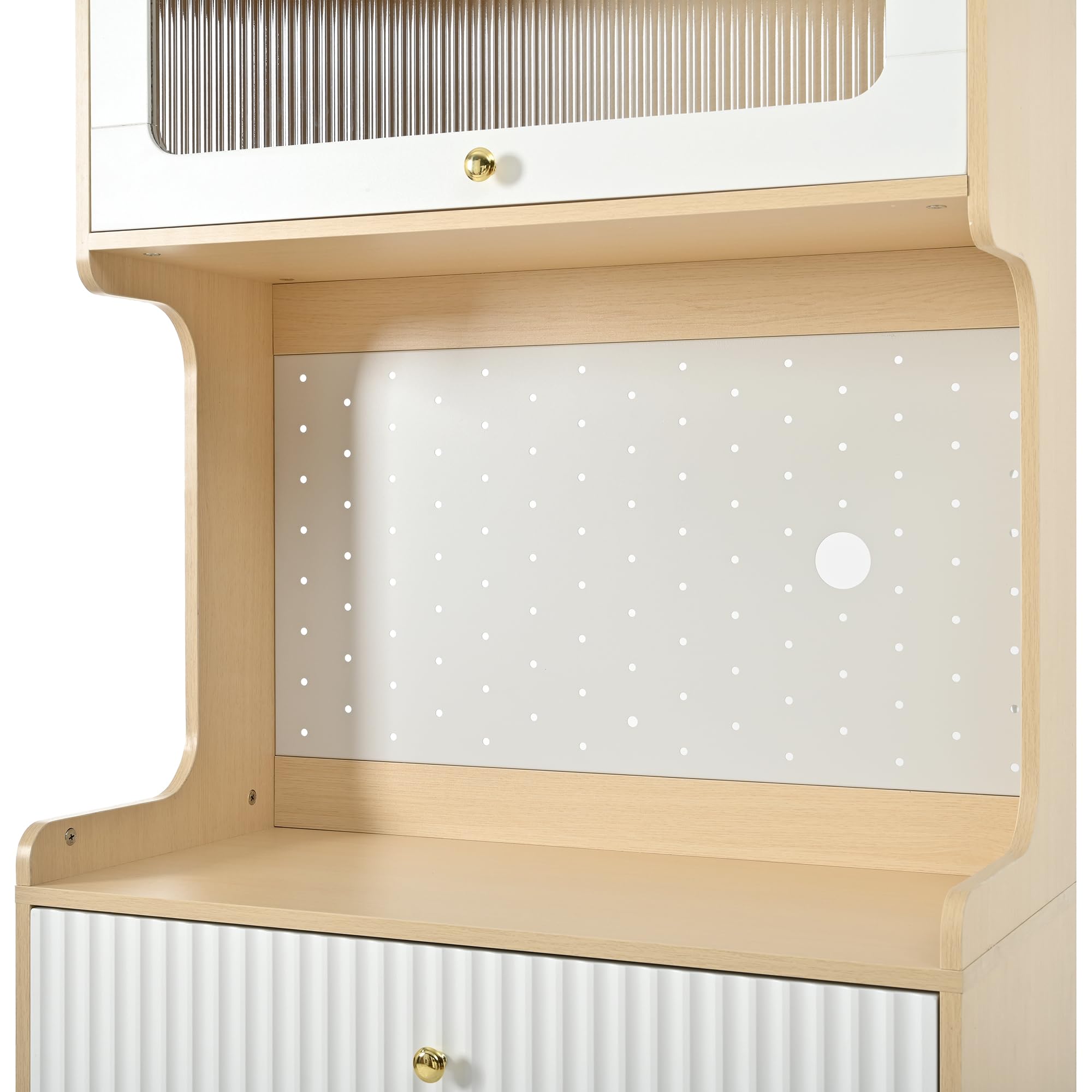 Mobile con ripiani regolabili e cassetti, 80 × 40 × 180 cm, naturale+bianco, armadio da cucina con vetro scanalato, ideale per sala da pranzo, soggiorno e cucina