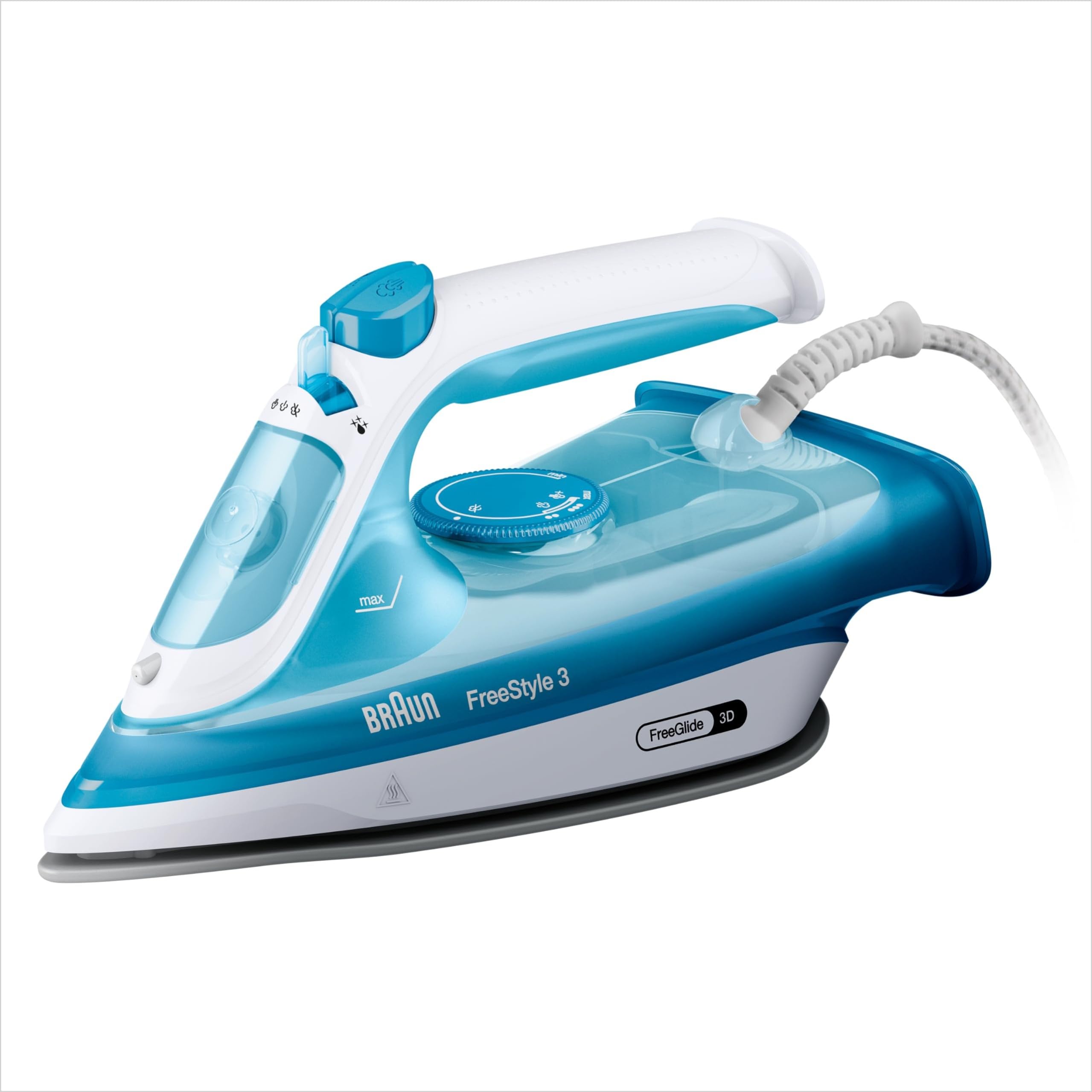 Braun FreeStyle3 FI3144BL Ferro da Stiro con 5 Anni di Assistenza, Risparmio Energetico, Tecnologia FreeGlide 3D, vapore 170g/min, AutoSpegnimento, Serbatoio acqua 270ml, 2400W,manico aperto, Blu