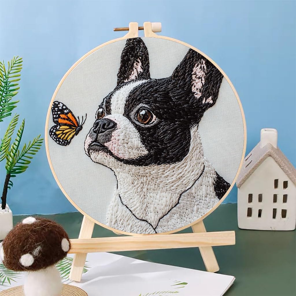 Punch Needle Kits Boston Terrier Dog and Butterfly 20x20cm-3 image 2