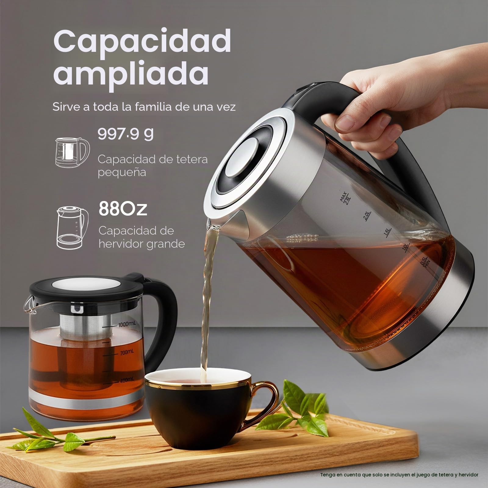 Hervidor eléctrico, tetera turca de 1500 W, hervidor eléctrico y tetera, 1 l + 2,5 l de capacidad, ideal para cocina y familia