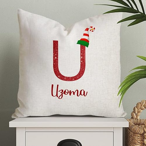 Funda de almohada con diseño de alfabeto rojo, diseño de letra U, con monograma del alfabeto, funda de cojín de Navidad, decoración para sofá, sala