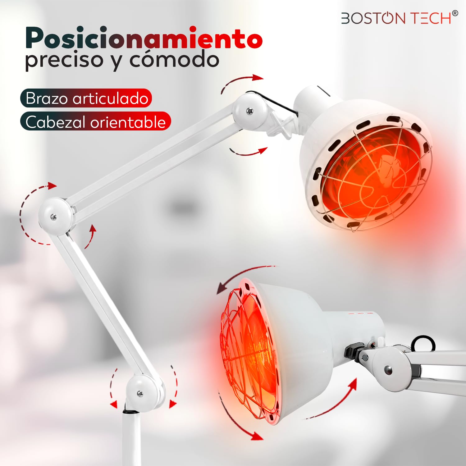 Boston Tech Lámpara Infrarroja WE108 275 W, Lámpara de Calor para Termoterapia y Fisioterapia, Base de 5 Patas con Ruedas, Mando, Temporizador, 3 Niveles y Accesorio de Mesa.
