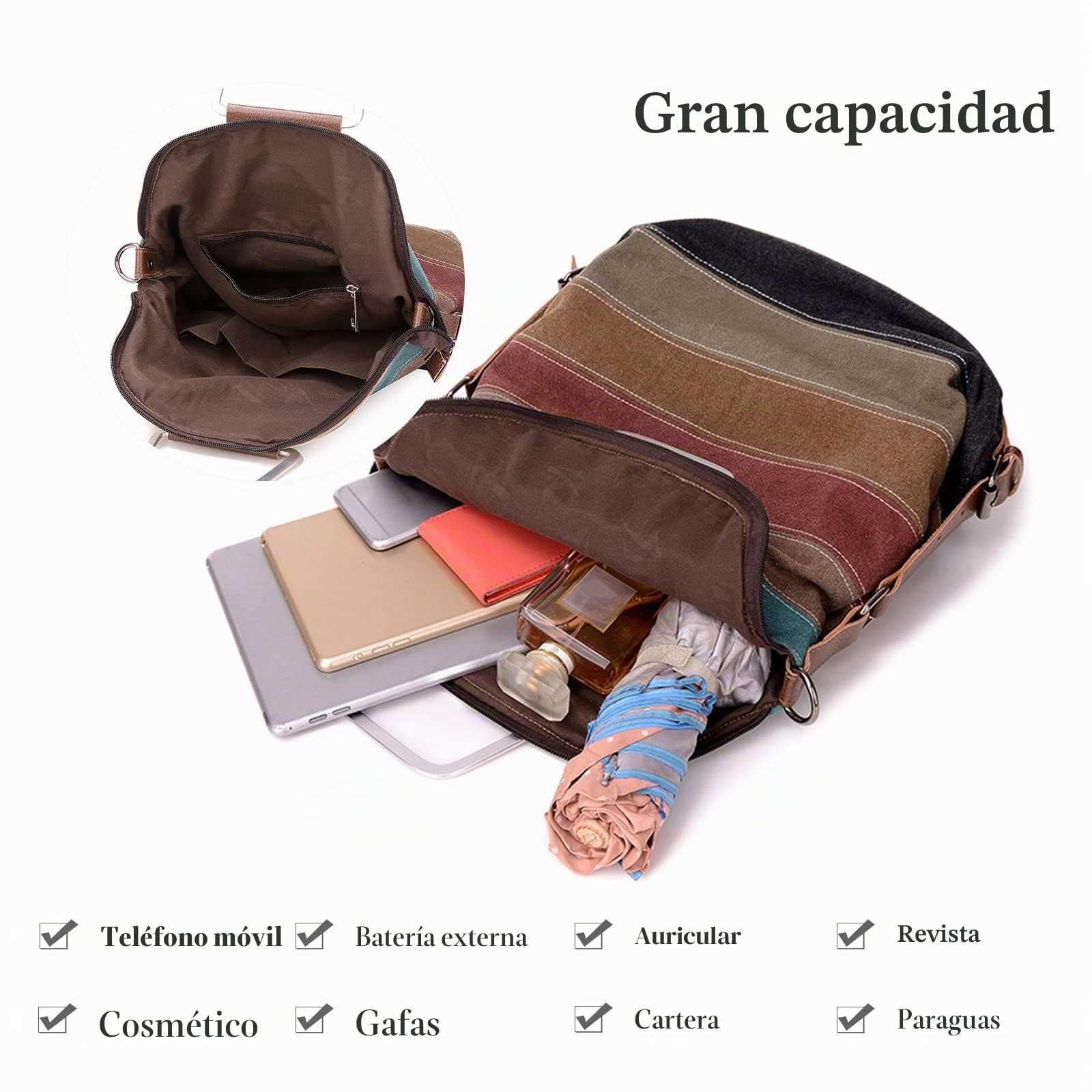 Casual Mochila Bolso Bandolera de Lona Multicolor Rayas Bolso de Hombro Señora Bolso de Mano para Viajes Escolares Trabajo Uso Diario Rojo