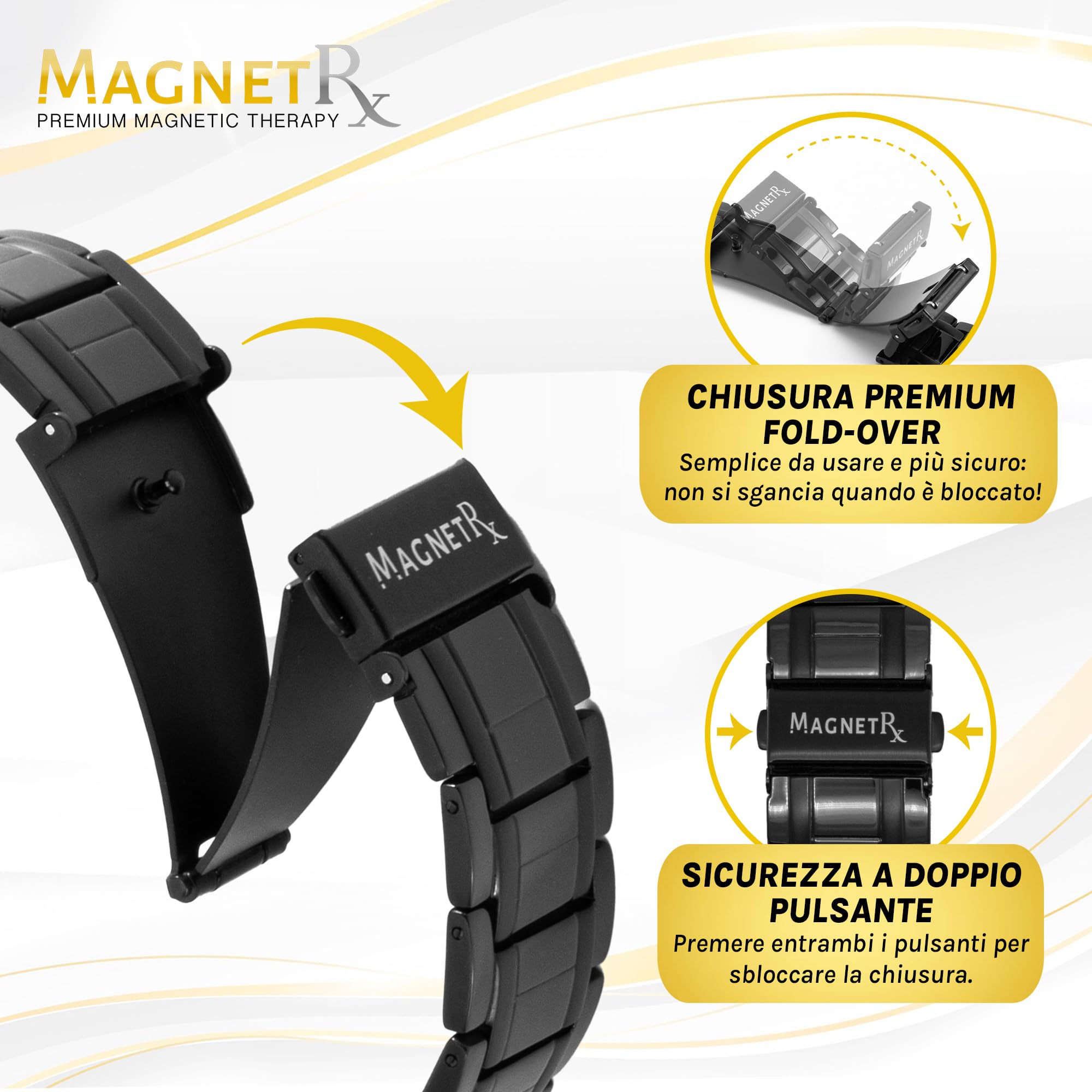 MagnetRX® Bracciale Magnetico Uomo in Titanio, 3 Volte Più Potente – Bracciale Magnetico Terapeutico Uomo per Magnetoterapia con Chiusura Pieghevole Integrata – Regola Cinturino Incluso (Nero
