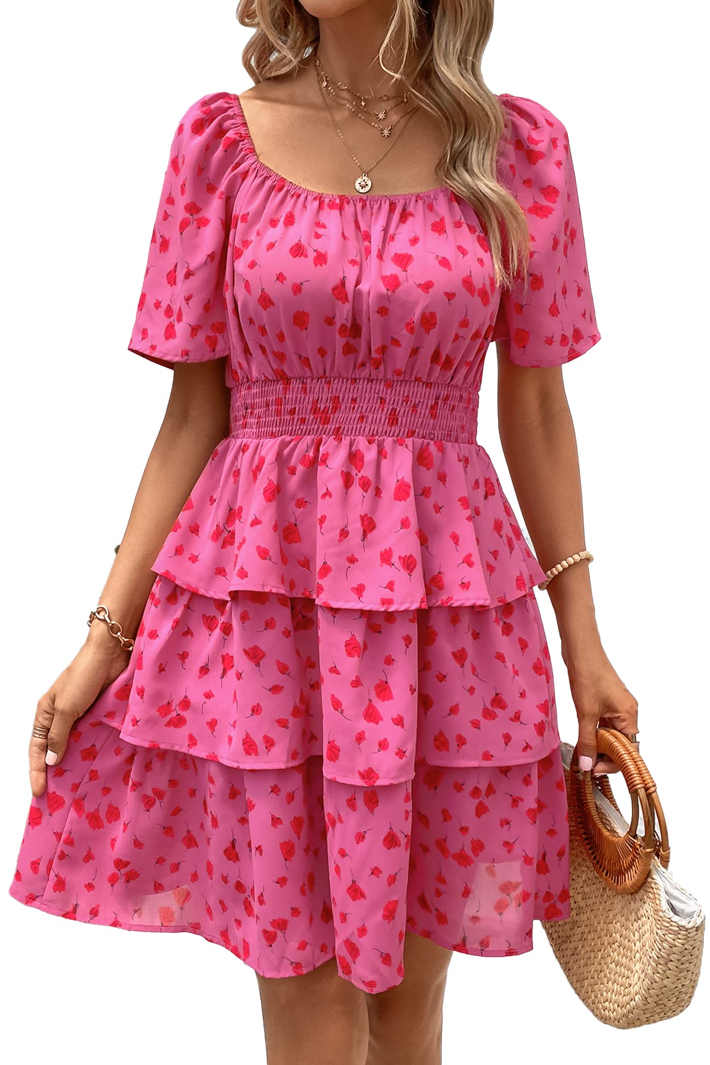 PRETTYGARDEN Women's 2025 Floral Summer Short Dress Square Neck Short Sleeve Tiered Ruffle Boho Swing Dresses