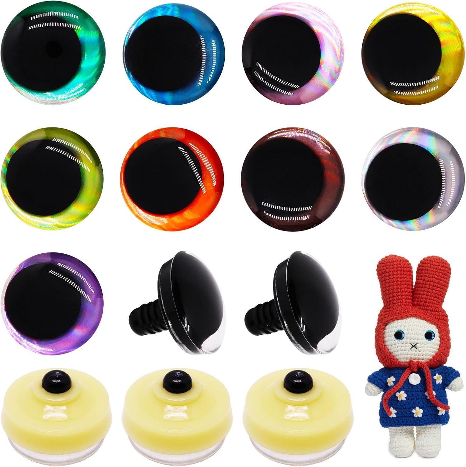 SWZHAI 18Pcs 3D Glitter Safety Eyes for Crocheting, 35mm Safety Eyes with Bowl Washers, Tie Dye Laser Crochet Large Saftey Eye for Crochet Animals Doll Eye Crafts Gift for Crochet Lovers (9 Colors)