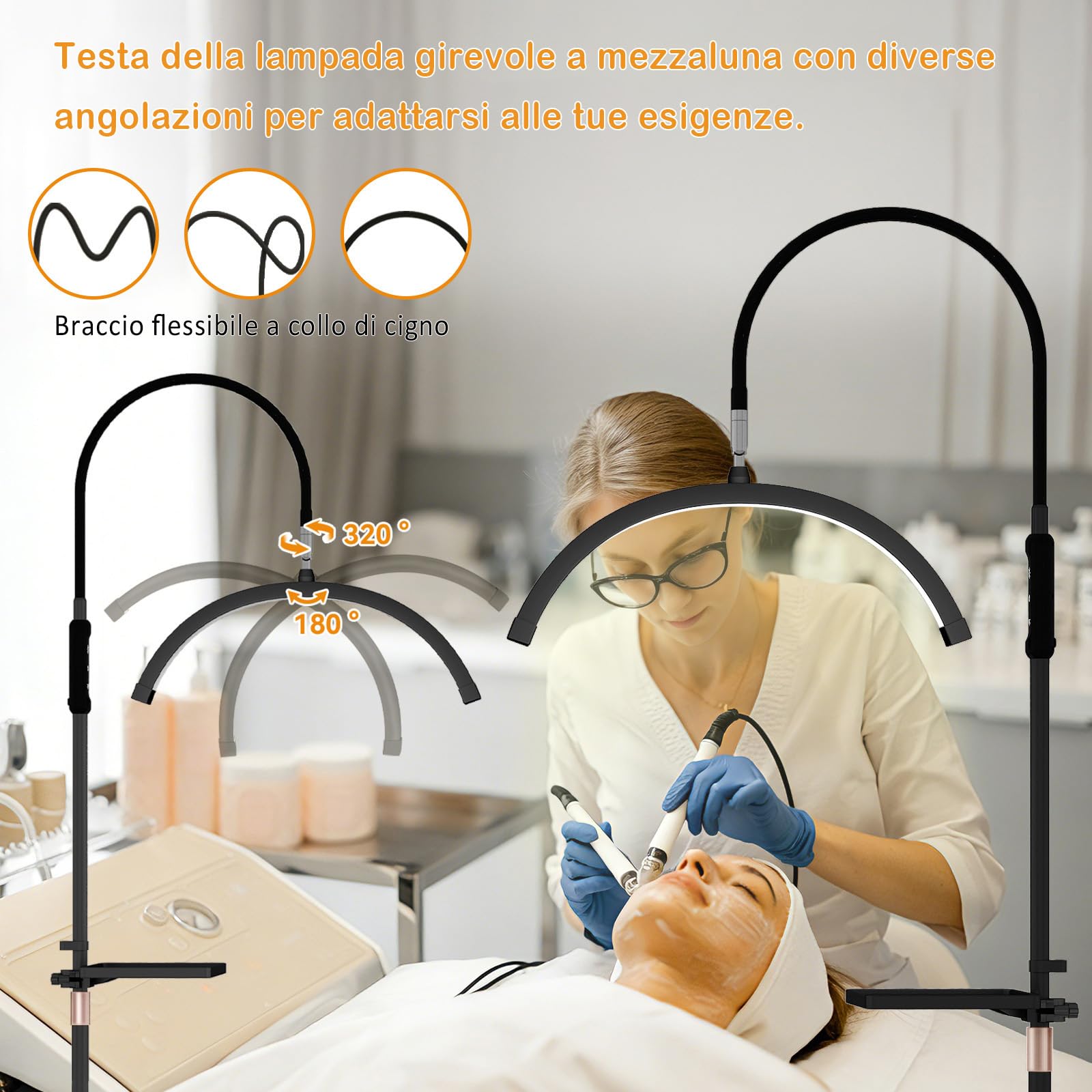 YU YUSING Lampada Estetista LED a Mezza Luna con Testa a 320 Gradi, Lampada da Terra Altezza Regolabile, 3 Modalità Colore, Lampada Smart Ciglia, Bellezza, Tatuaggi, Unghie, Vassoio rimovibile, Nero