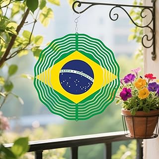 Wind Spinners Outdoor Brazil Brazilian Flag 3D Kinetic Sculptures Chimes 10 inch Mandala Flower Tinplate Metal Art Garden Patio Yard Room Classroom Decorations Indoor Decor