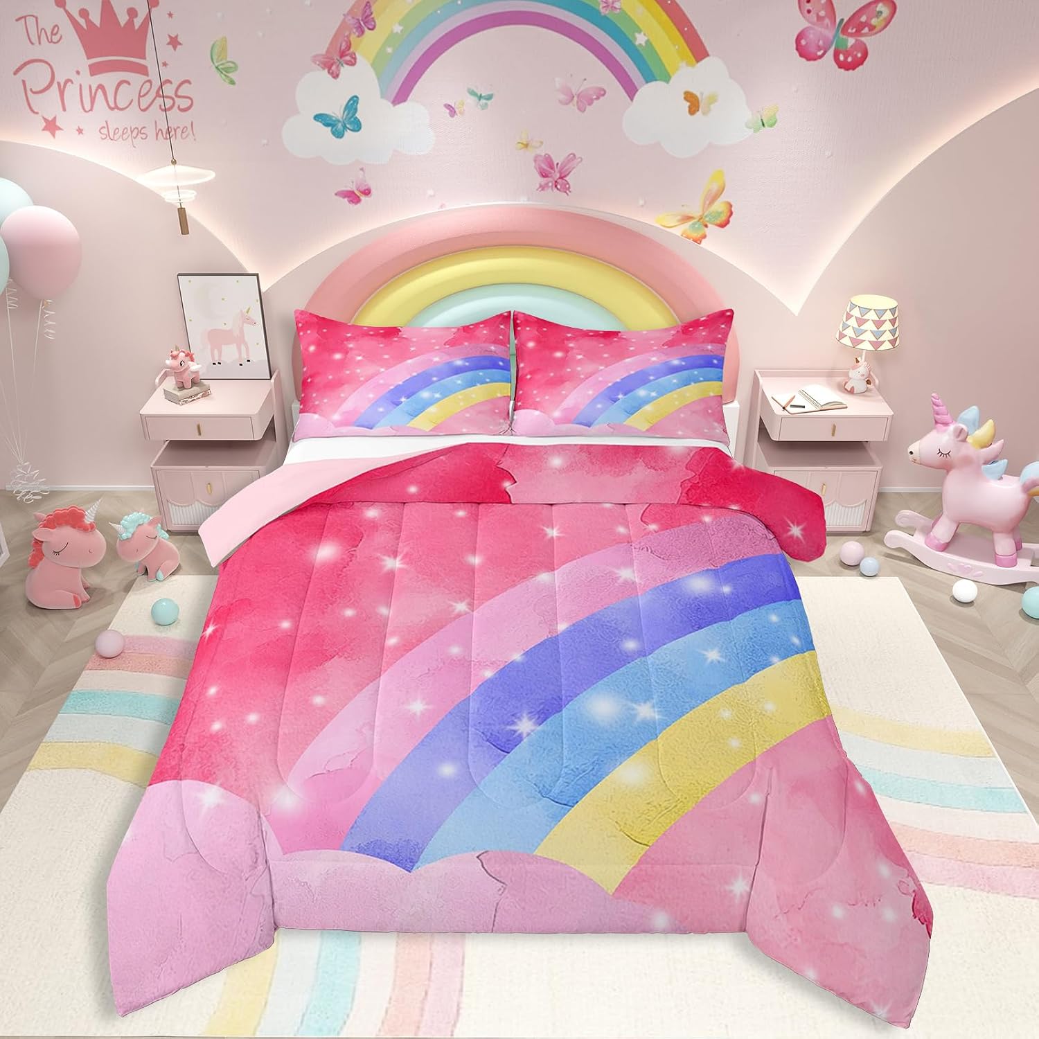 Erosebridal Rainbow Comforter,Sparkle Tie Dye Pink Toddler Bedding Sets for Kids Boys Girls,Galaxy Duvet Quilt,Gradient Reversible Bed Set with 1 Pillowcase for Bedroom