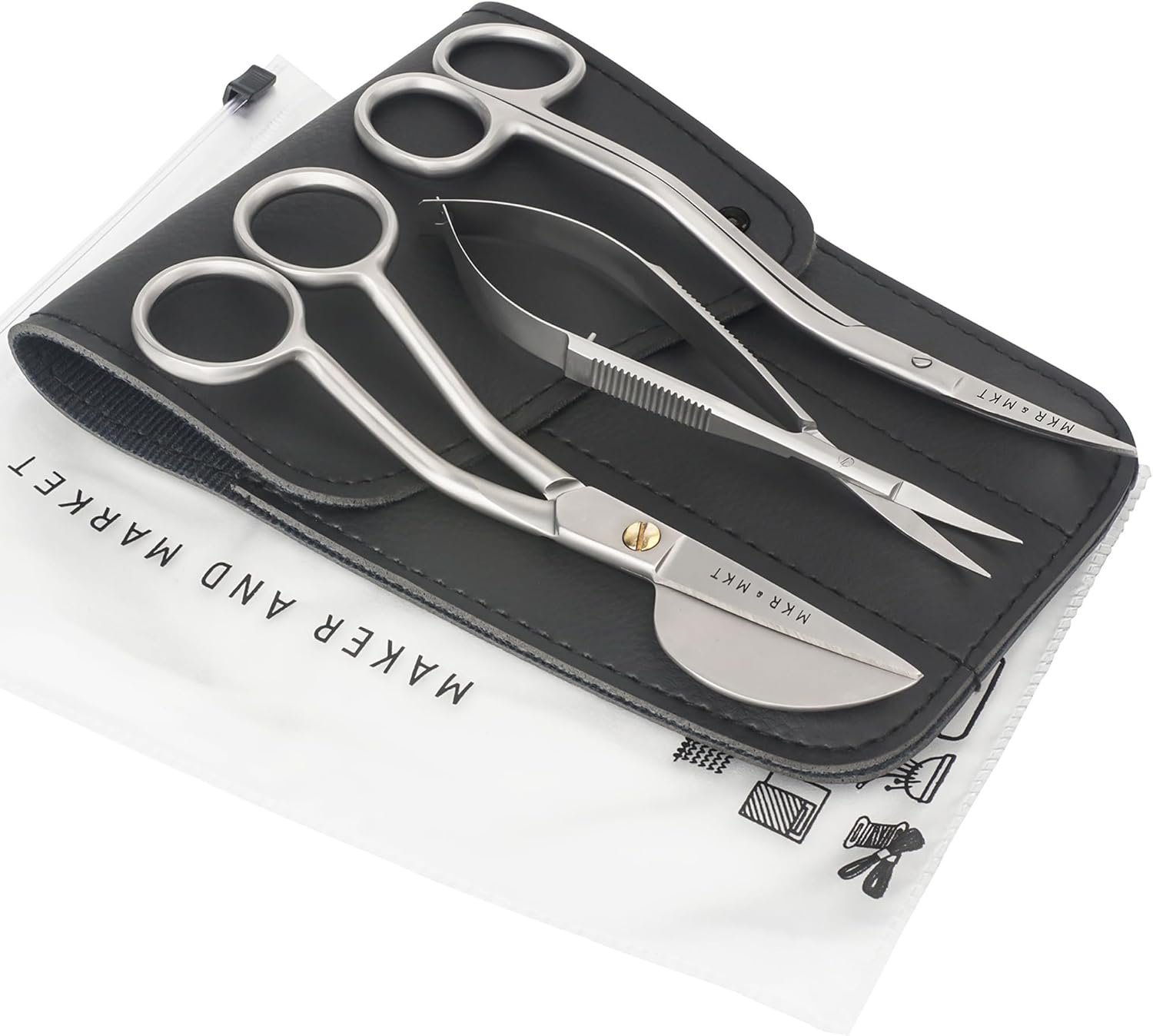 Premium Embroidery Scissors Set of 3 Kit - Double Bent Offset Duckbill, Spring Action Curved Blade and Double Bend Long Applique Needlepoint with Pouch Sleeve (Satin)