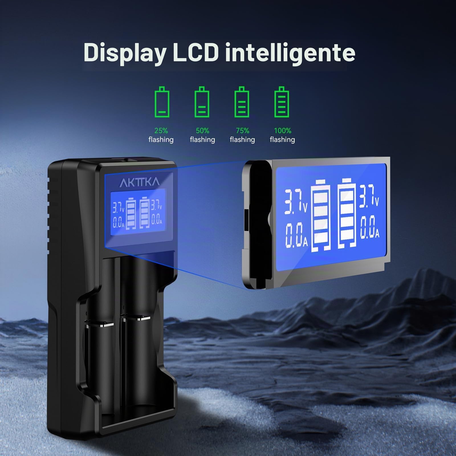Caricabatterie Intelligente con Schermo LCD e Ricarica Rapida 5V/2A, Compatibile con Batterie Li-Ion 18650/21700/20700/26650 e Ni-MH/Ni-Cd AA/AAA/C, con Porta Type-C