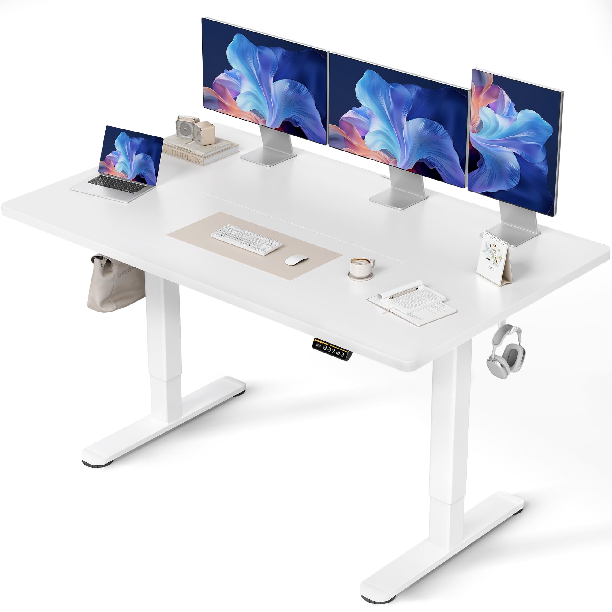 Claiks Höhenverstellbarer Schreibtisch 160 x 80 cm (FSC®), 80KG Tragkraft Schreibtisch Höhenverstellbar mit 2 Haken und 3 Memory-Funktion, Standing Desk mit Leiser Motor für Home Office, Weiß
