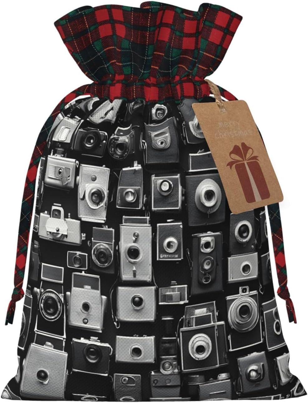 ZHYGZWWG Retro Cool Camera Collection Christmas Gift Bags, Drawstring Gift Bags, With Gift Labels