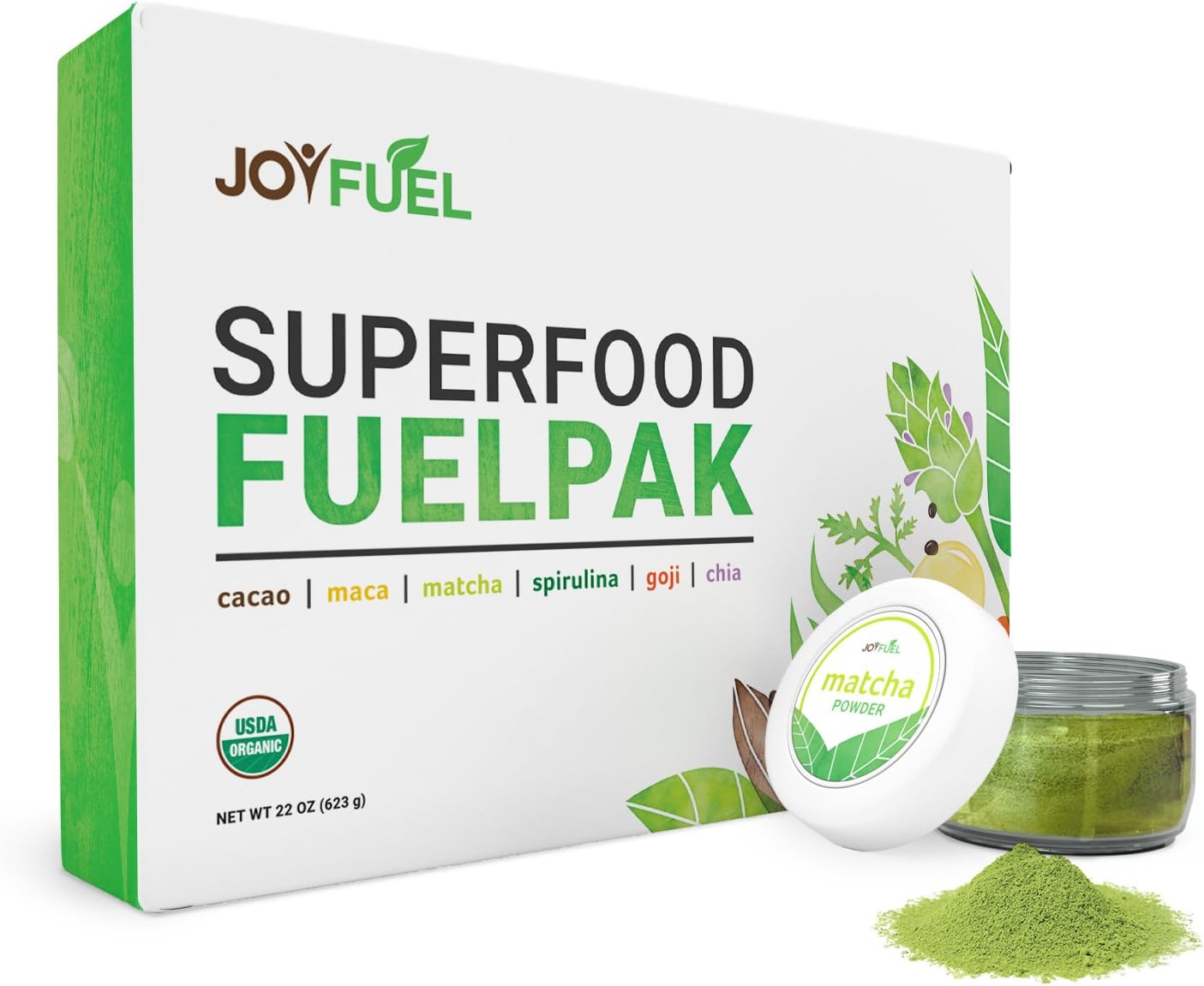 6 Organic Superfoods Kit - Cacao Powder, Matcha Powder, Maca Powder, Spirulina Powder, Goji Berries, Chia Seeds - eRecipe Book & Coupon (100 servings)