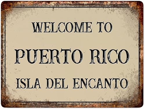 Funlucy Letreros metálicos de Puerto Rico con texto en inglés Welcome to Puerto Rico Isla Del Encanto  Placa de lata de aluminio retro para casa de