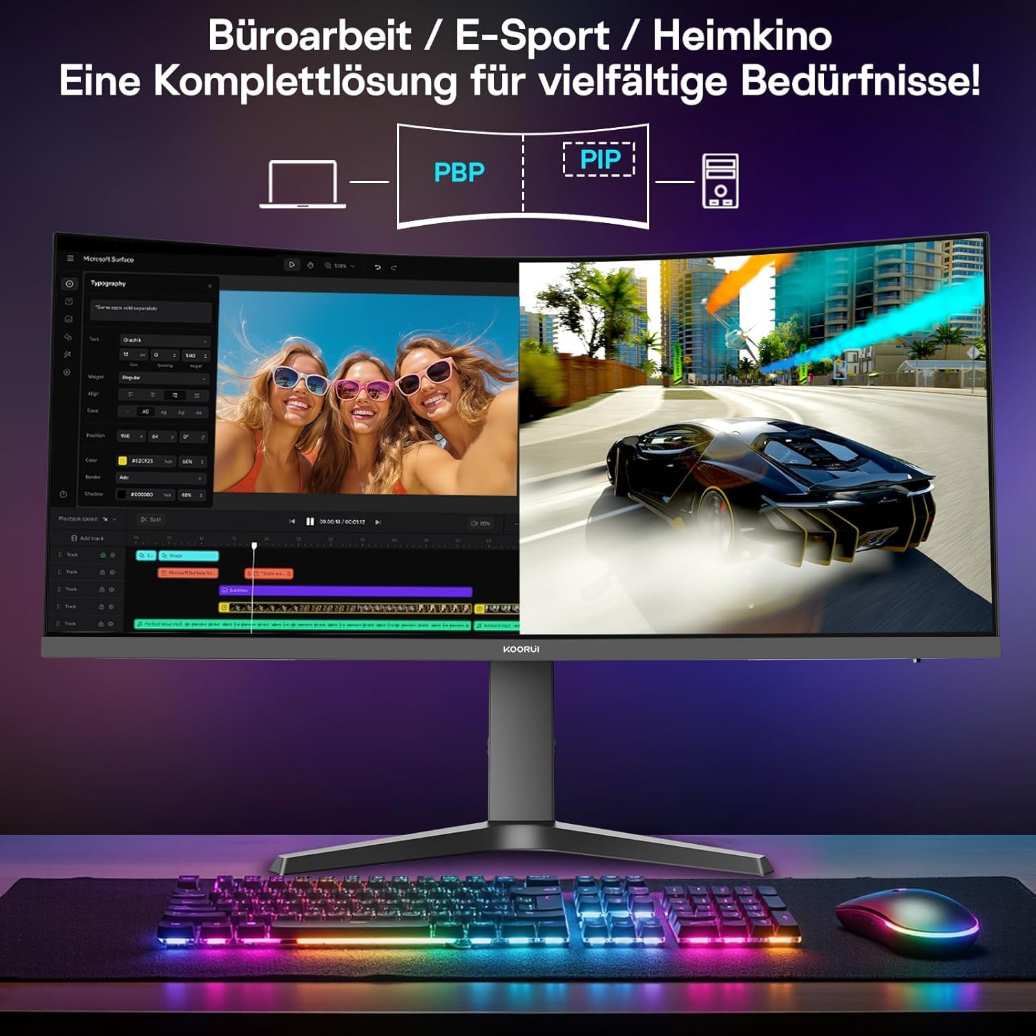 KOORUI 34 Cale Szeroki Krzywy Gamingowy Monitor 1000R 180Hz 1ms MPRT, Panel VA WQHD 3440x1440, HDR400 99% sRGB 90% DCI-P3, Zgodny z FreeSync/G-Sync, 2xHDMI 2.0/DP 1.4, PIP/PBP,15 Językach