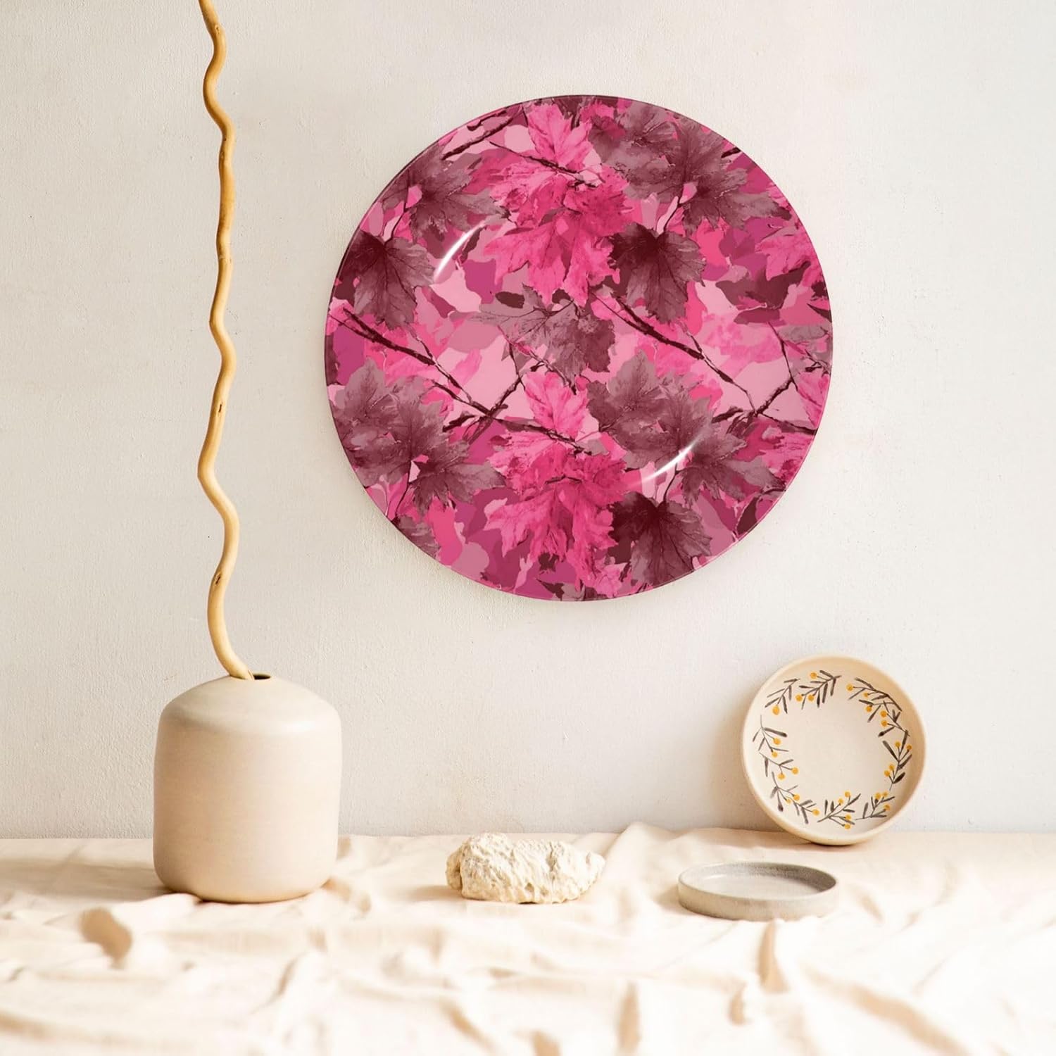 Bone China Decorative Plate with Display Pink leaves Camo Ceramic Plates Crafts Art Decor Dessert Plate Ceramic Ornament Porcelain Plates for Living Room Kitchen Table Home Decor