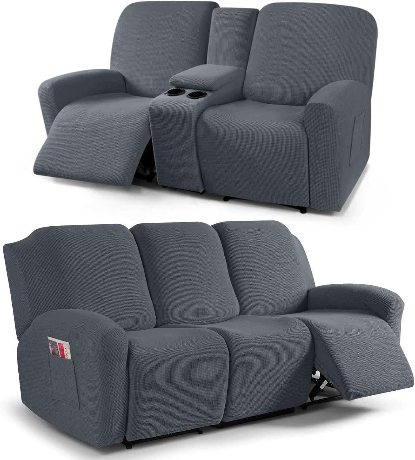 TAOCOCO Recliner Loveseat Cover with Middle Console & Recliner Sofa Covers for 3 Seat, Grey