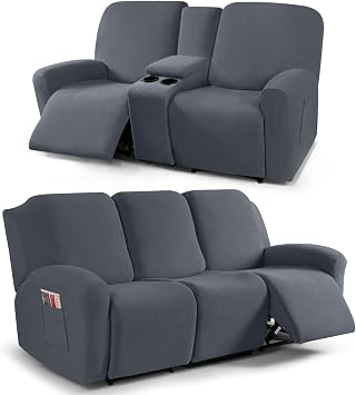 TAOCOCO Recliner Loveseat Cover with Middle Console & Recliner Sofa Covers for 3 Seat, Grey
