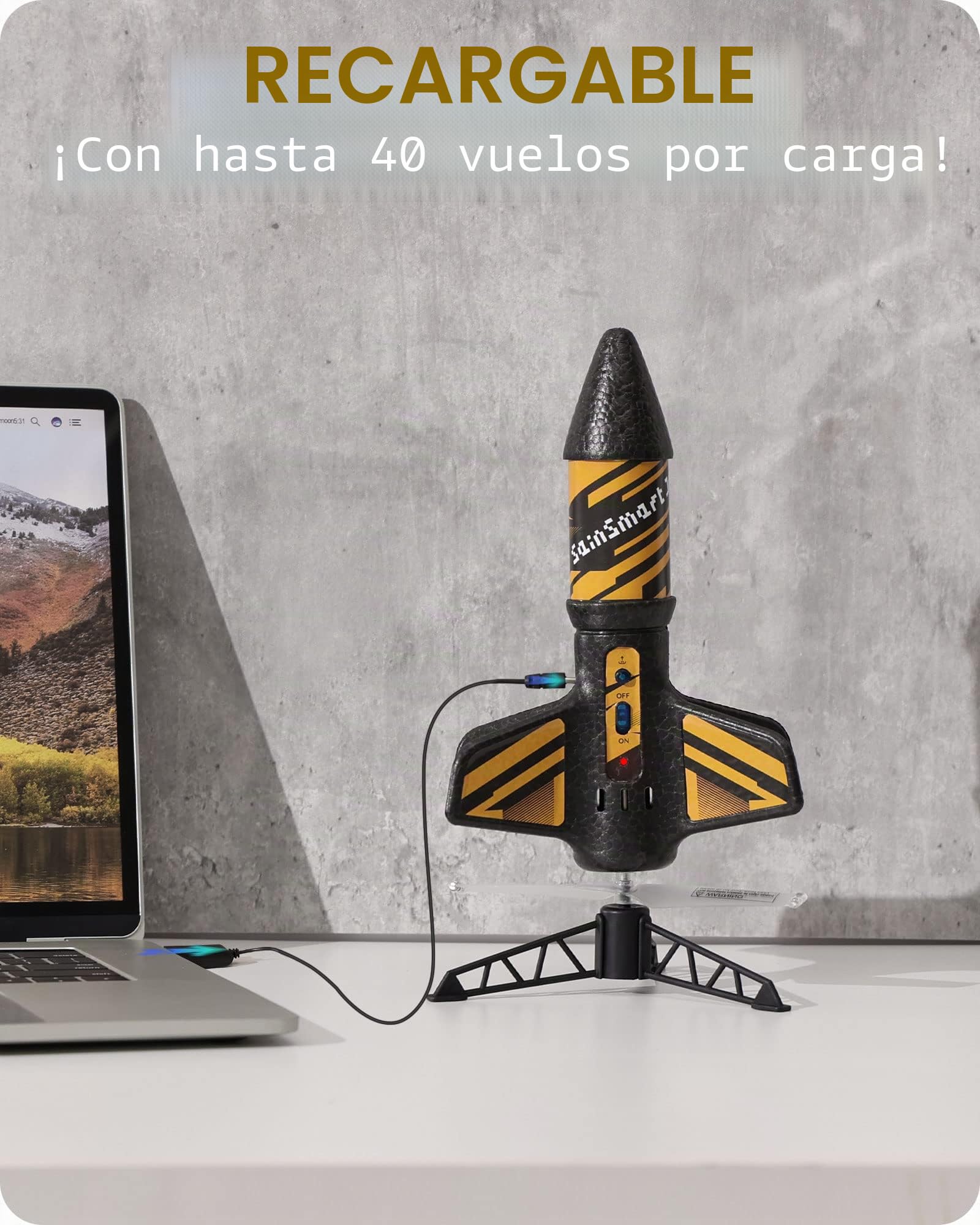SainSmart Jr. Juguete Cohete – Cohete motorizado con paracaídas, Lanzamiento hasta 61 Metros, Juguete al Aire Libre para niños de 8 a 12 años (Negro)