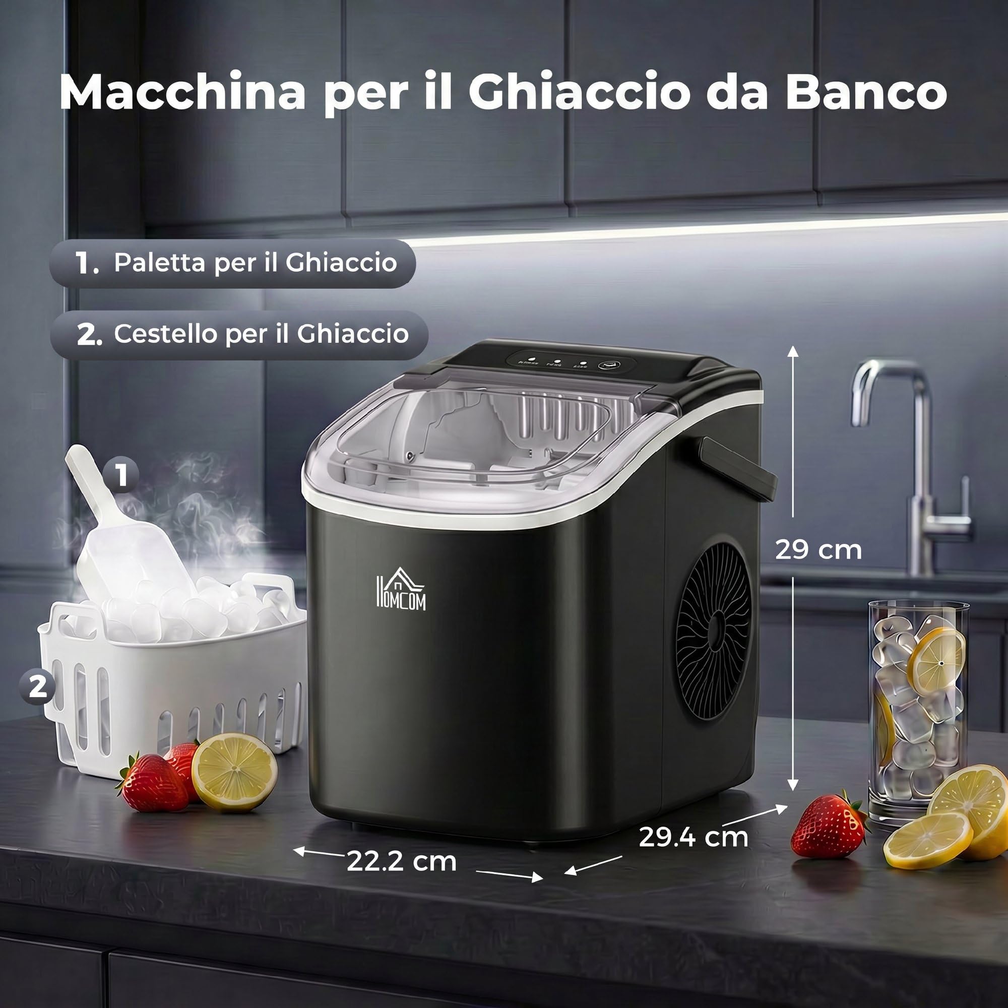 HOMCOM Macchina del Ghiaccio 12kg/24h, 9 Cubetti in 6-12 Minuti in PP e Rame con Cestello e Paletta, 23.8x30.5x29 cm, Nero
