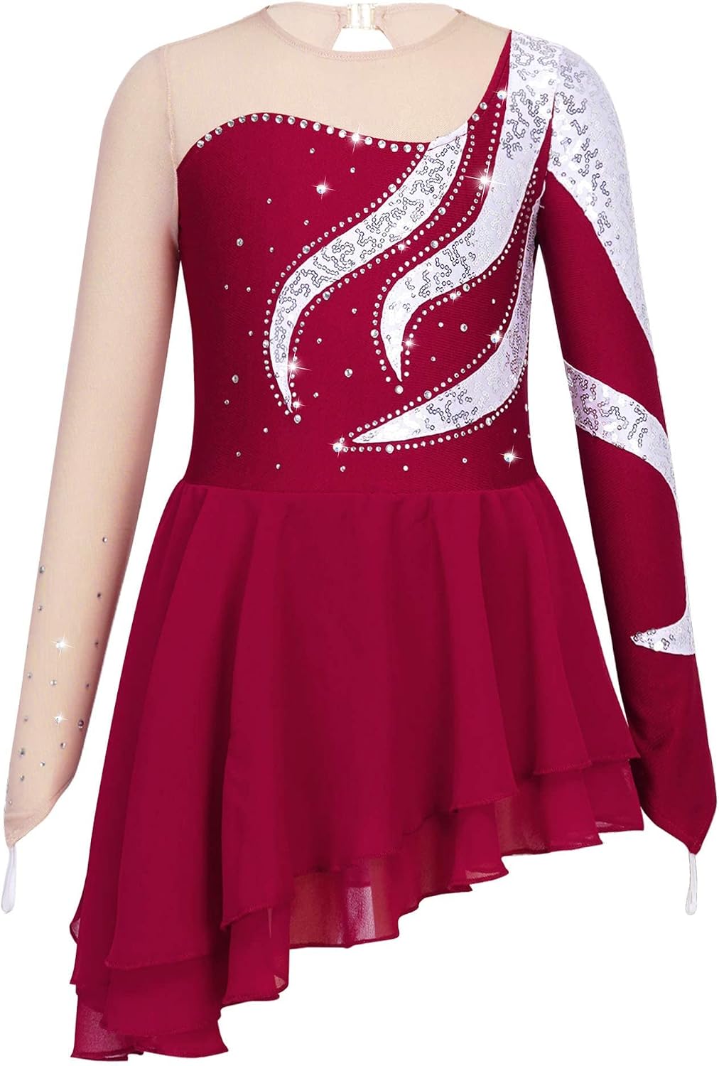 Hularka Kids Girls Mesh Splice Shiny Rhinestone Figure Ice Skating Dress Asymmetrical Lyrical Dance Dress Dancewear