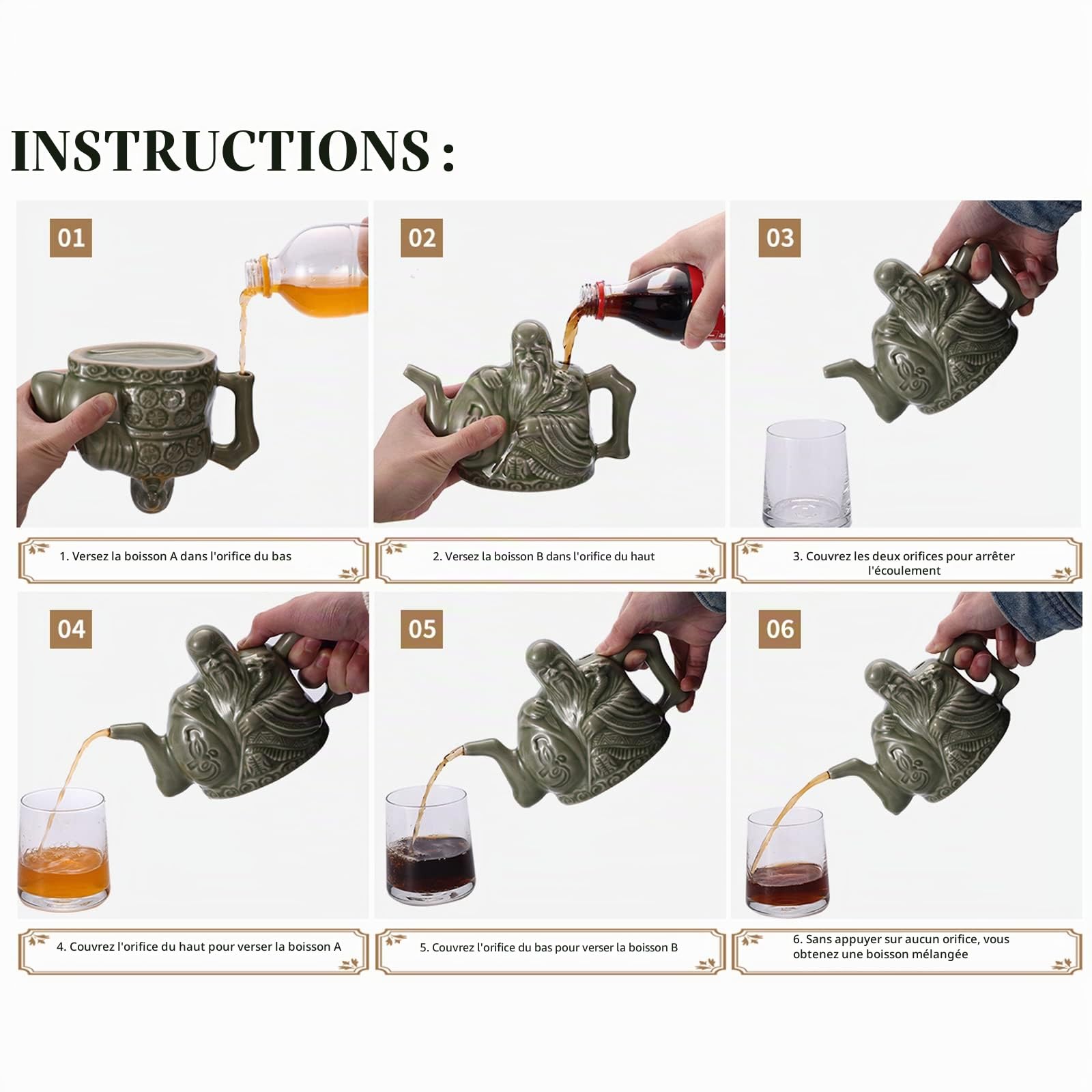 LURRIER Théière Chinoise en Céramique Faite à la Main Assassins - 3 Tasses, Deux Chambres, Distributeur de Boissons - Avec Boîte Cadeau - 473 ml (Vert)